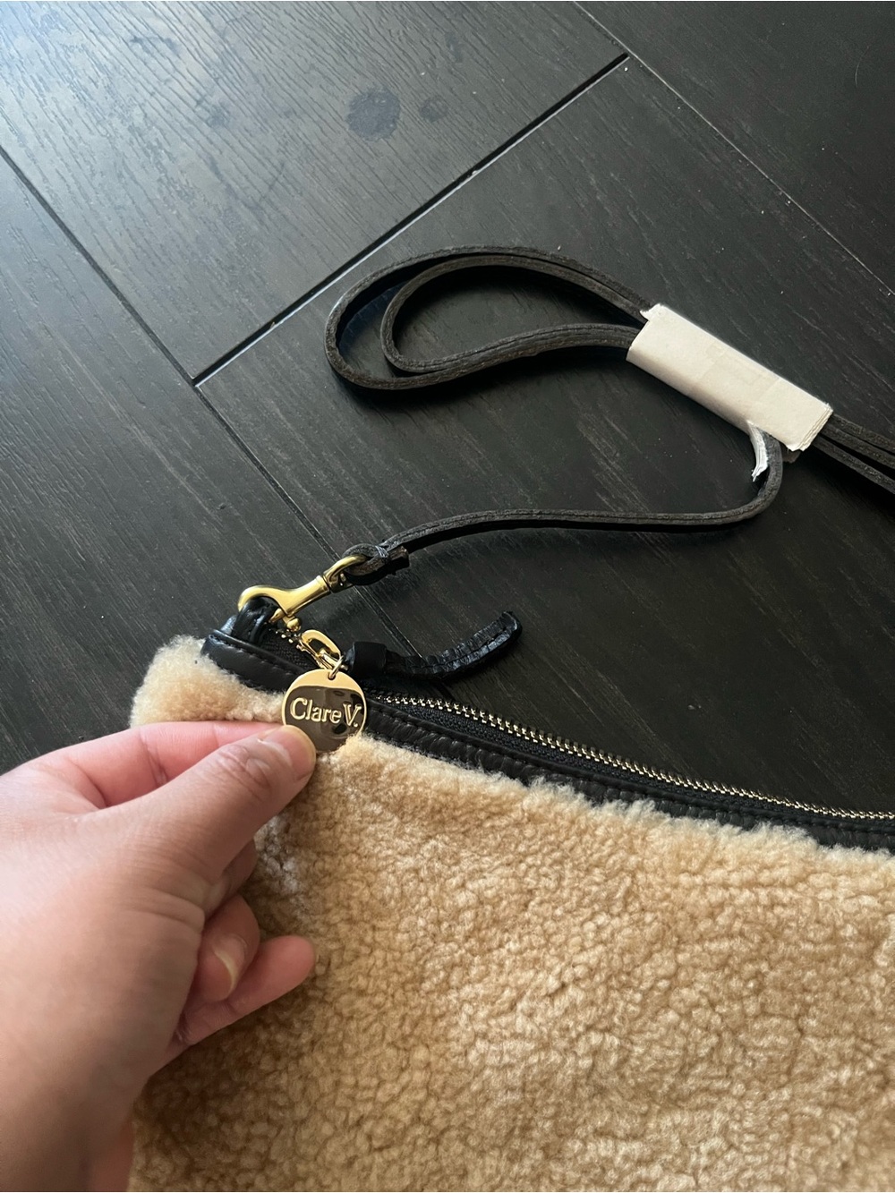 Clare V Tan Sherpa Crescent Crossbody with Black Strap and Gold Hardware - Picture 3 of 4